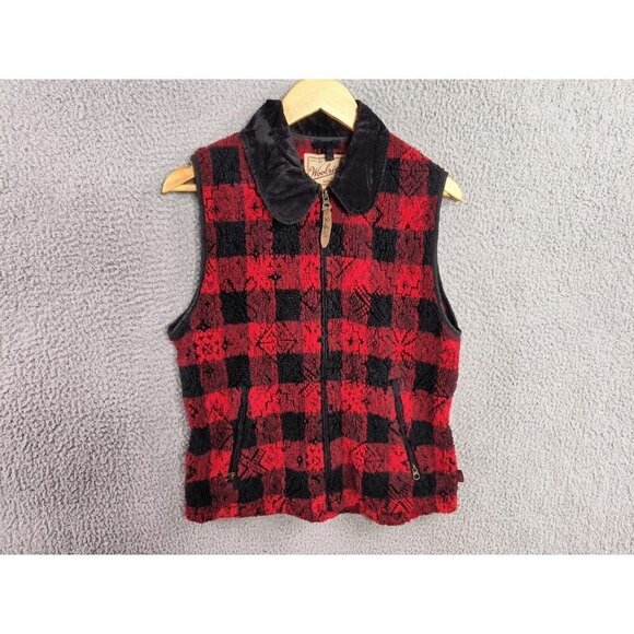 Woolrich Womens Small Red Black Buffalo Plaid Check Fleece Zip Collared Vest - Picture 1 of 10